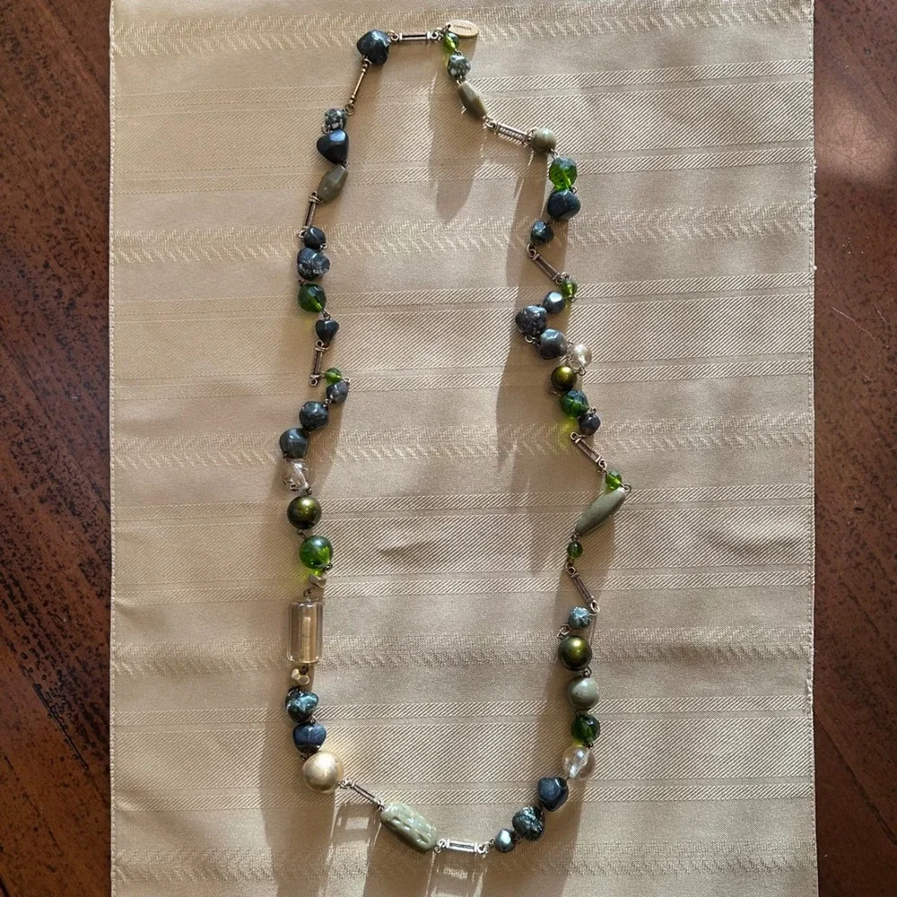 Express Vintage Italy Handmade Long Beaded‎ Necklace 90's Green Gold Earth Tones